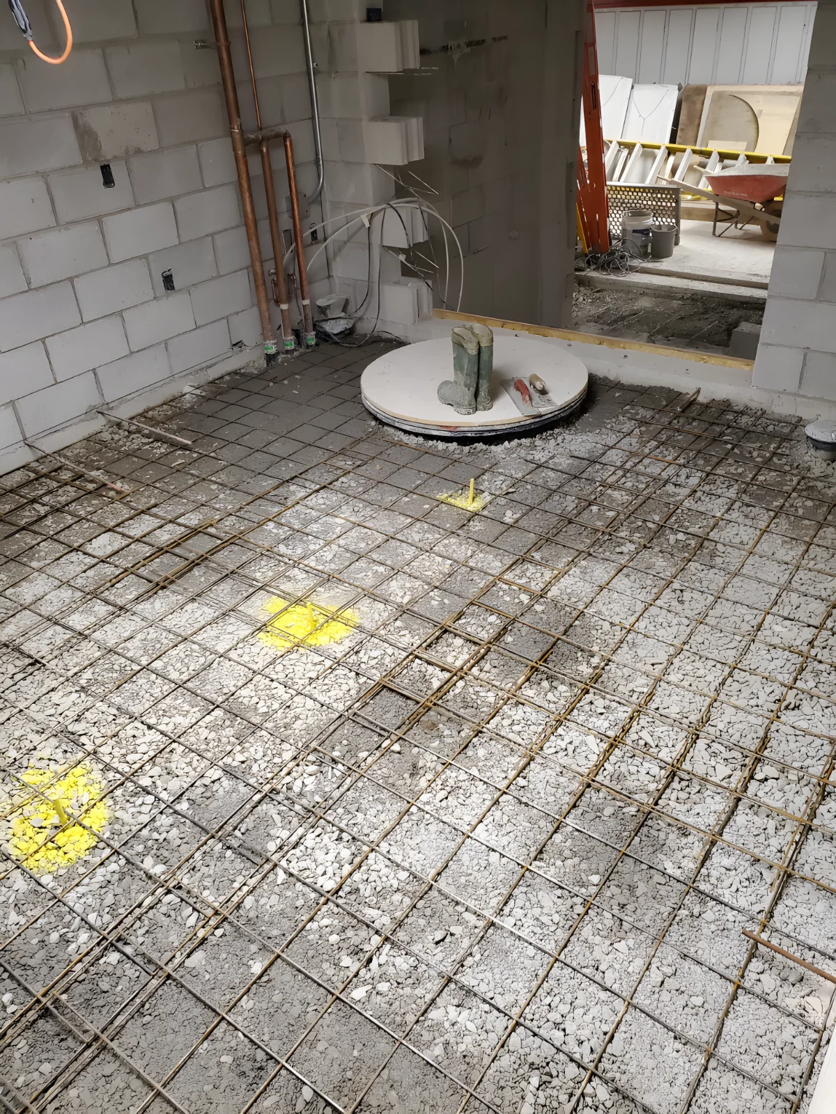 Construction site floor with rebar and concrete forms.