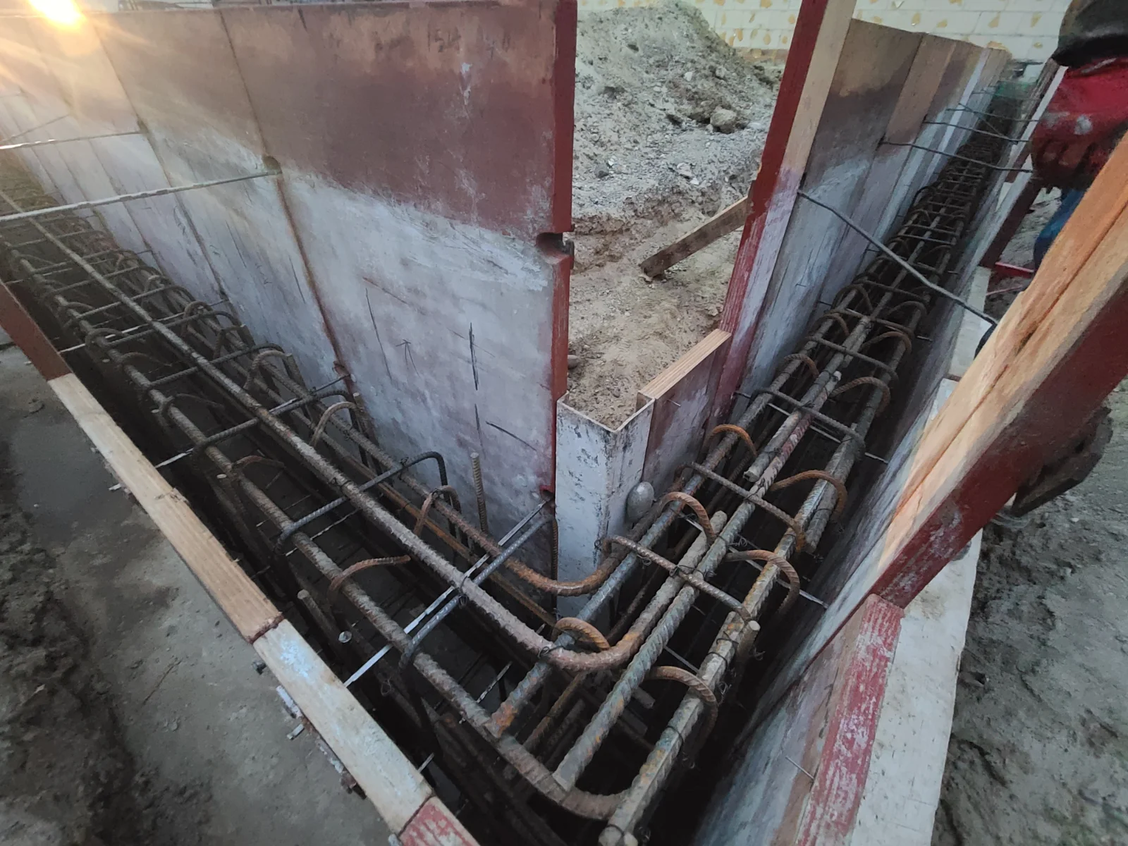 Concrete foundation with steel rebar framework construction