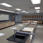 Empty science laboratory with sinks and cabinets.