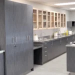 Modern kitchen with gray cabinets and countertops.
