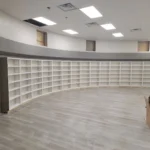 Empty curved bookshelves in a room