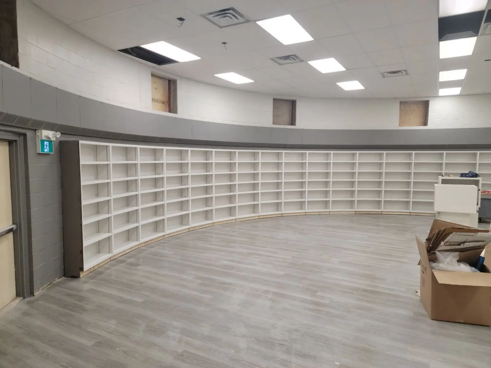 Empty curved bookshelves in a room