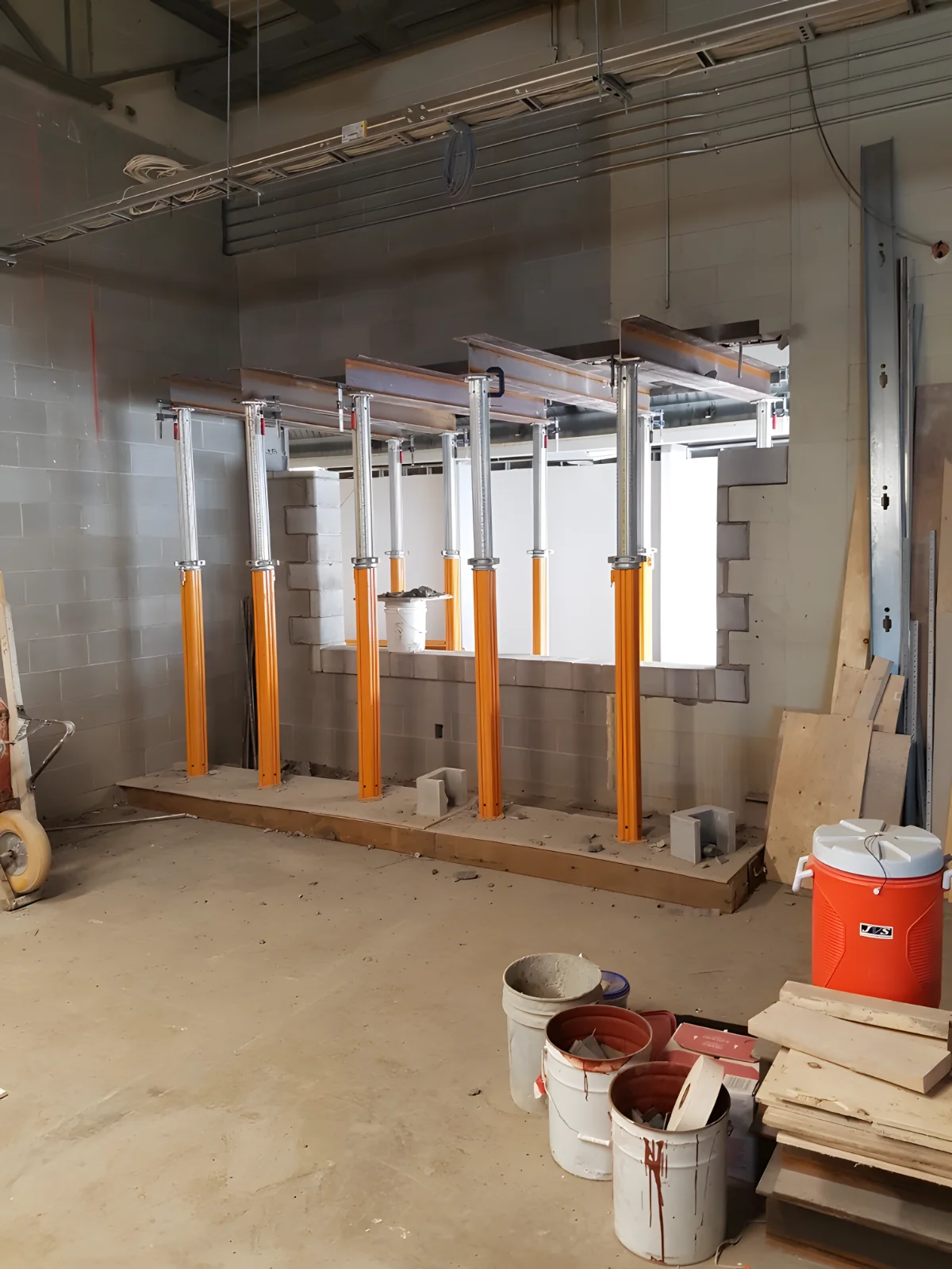 Construction site with vertical supports and tools