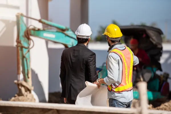 Construction workers discussing building plans onsite.